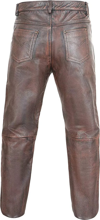 Distressed Brown Leather Pants Men Real Leather Trousers