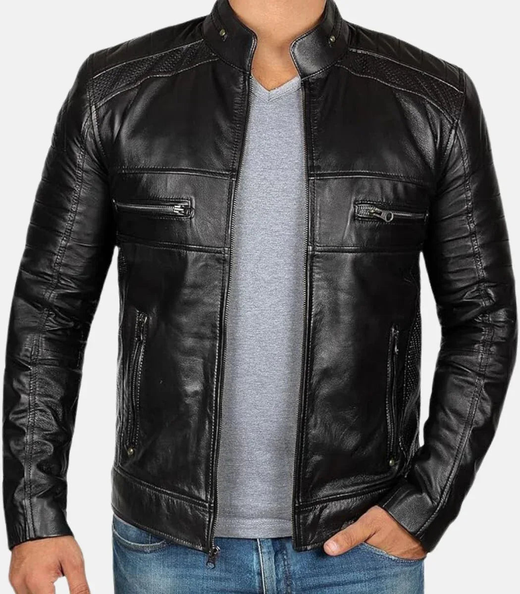 Mens Distressed Leather Jacket Black Vintage Style Zip Jacket