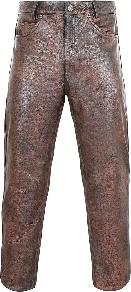 Distressed Brown Leather Pants Men Real Leather Trousers
