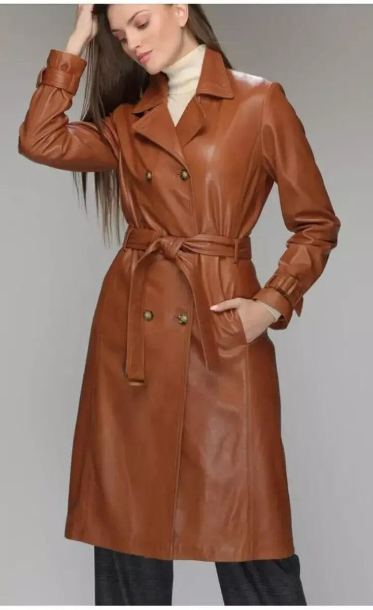Tan Leather Trench Coat Womens Long Belted Double Breasted