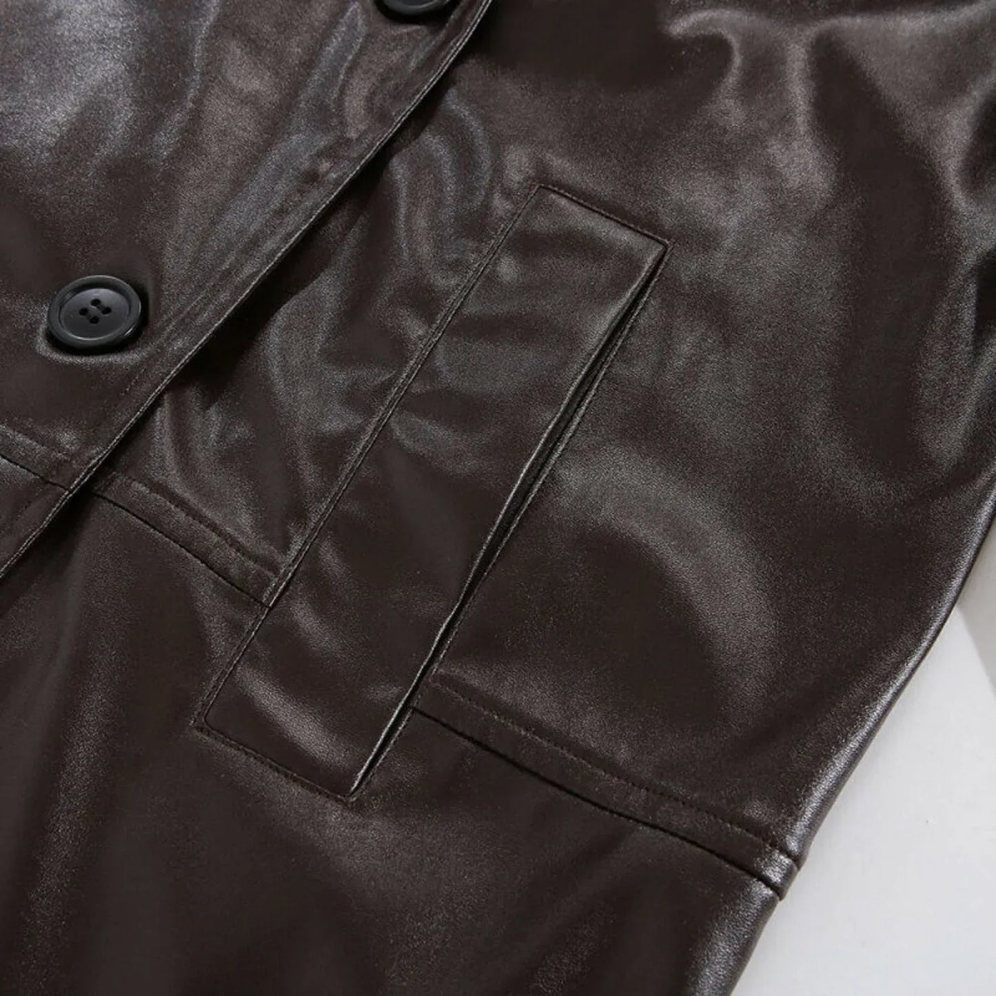 Womens Brown Leather Trench Coat Long Double Breasted