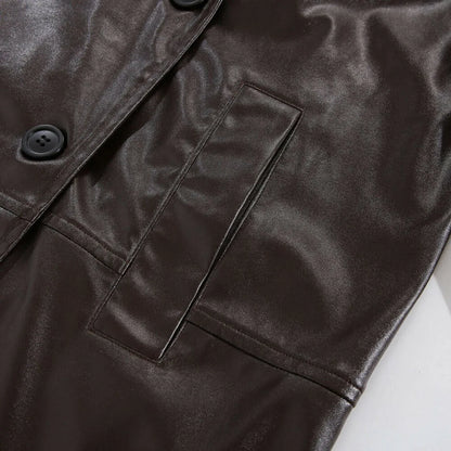 Womens Brown Leather Trench Coat Long Double Breasted