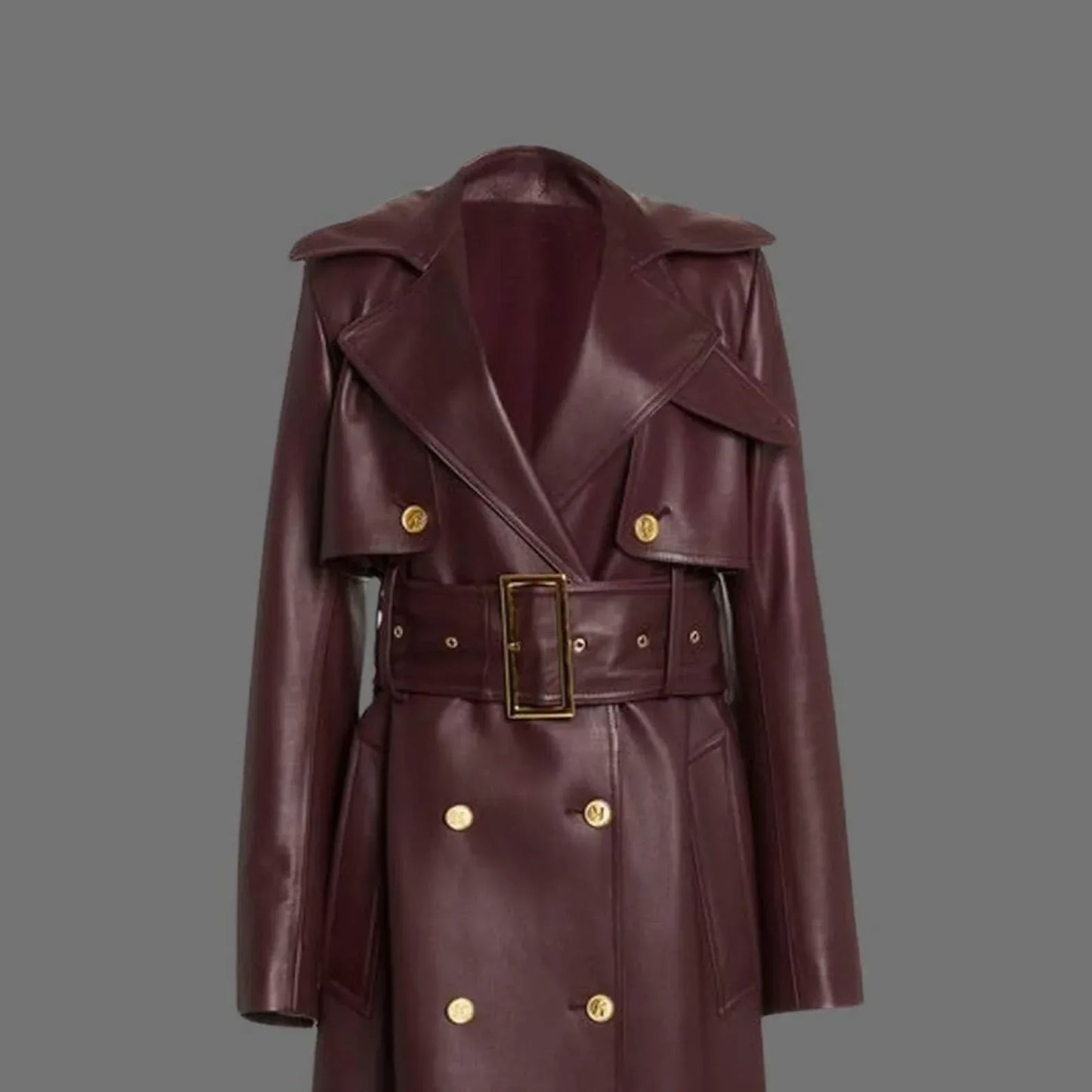 Burgundy Leather Trench Coat Womens Long Belted Coat