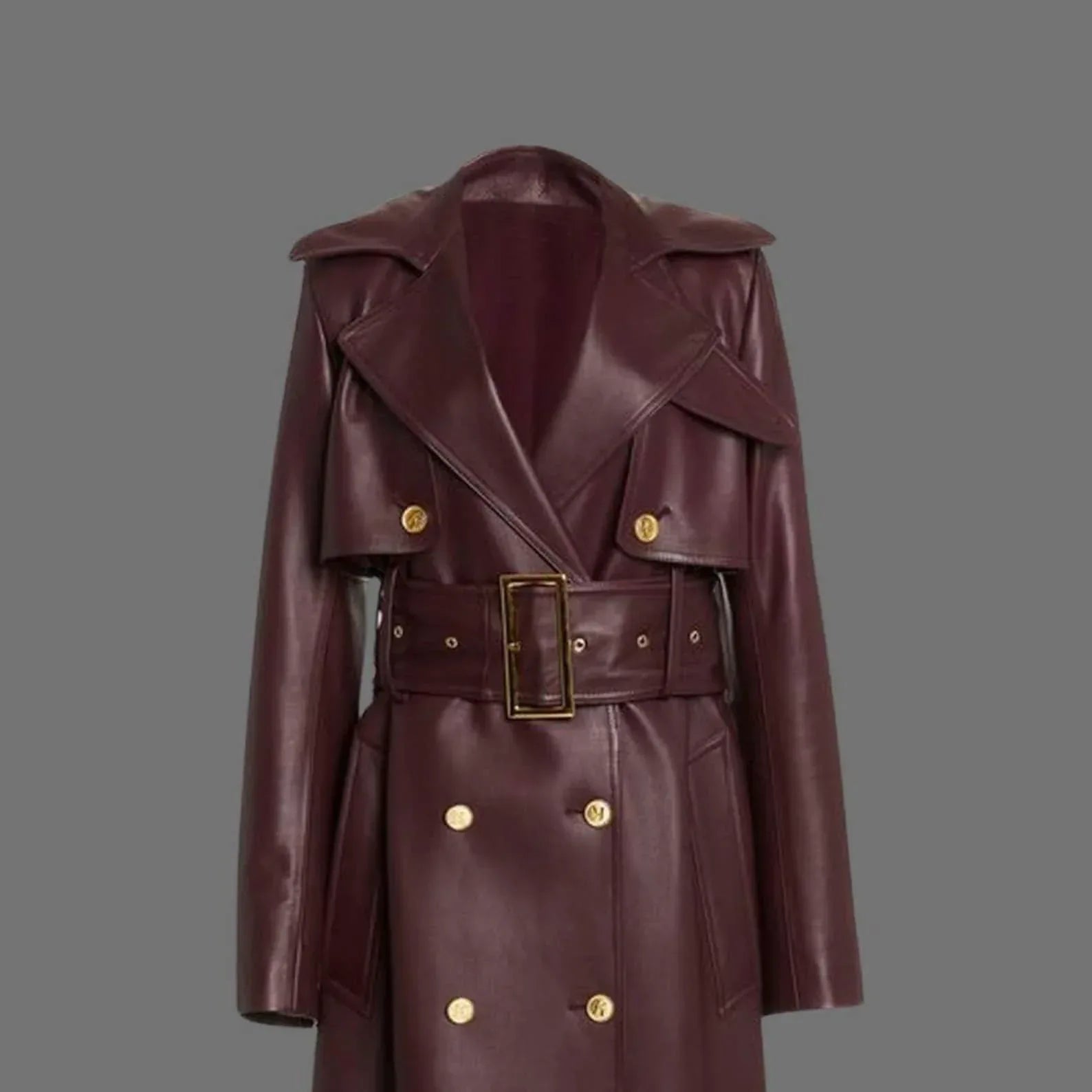 Burgundy Leather Trench Coat Womens Long Belted Coat