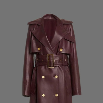 Burgundy Leather Trench Coat Womens Long Belted Coat