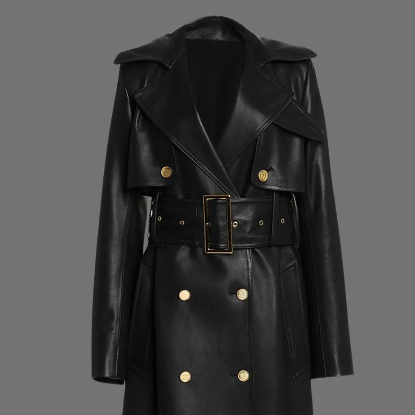 Black Leather Trench Coat Womens Long Belted Double Breasted