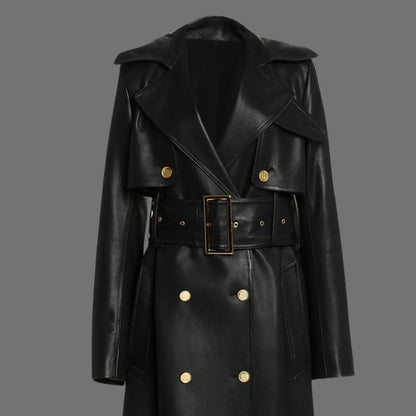 Black Leather Trench Coat Womens Long Belted Double Breasted