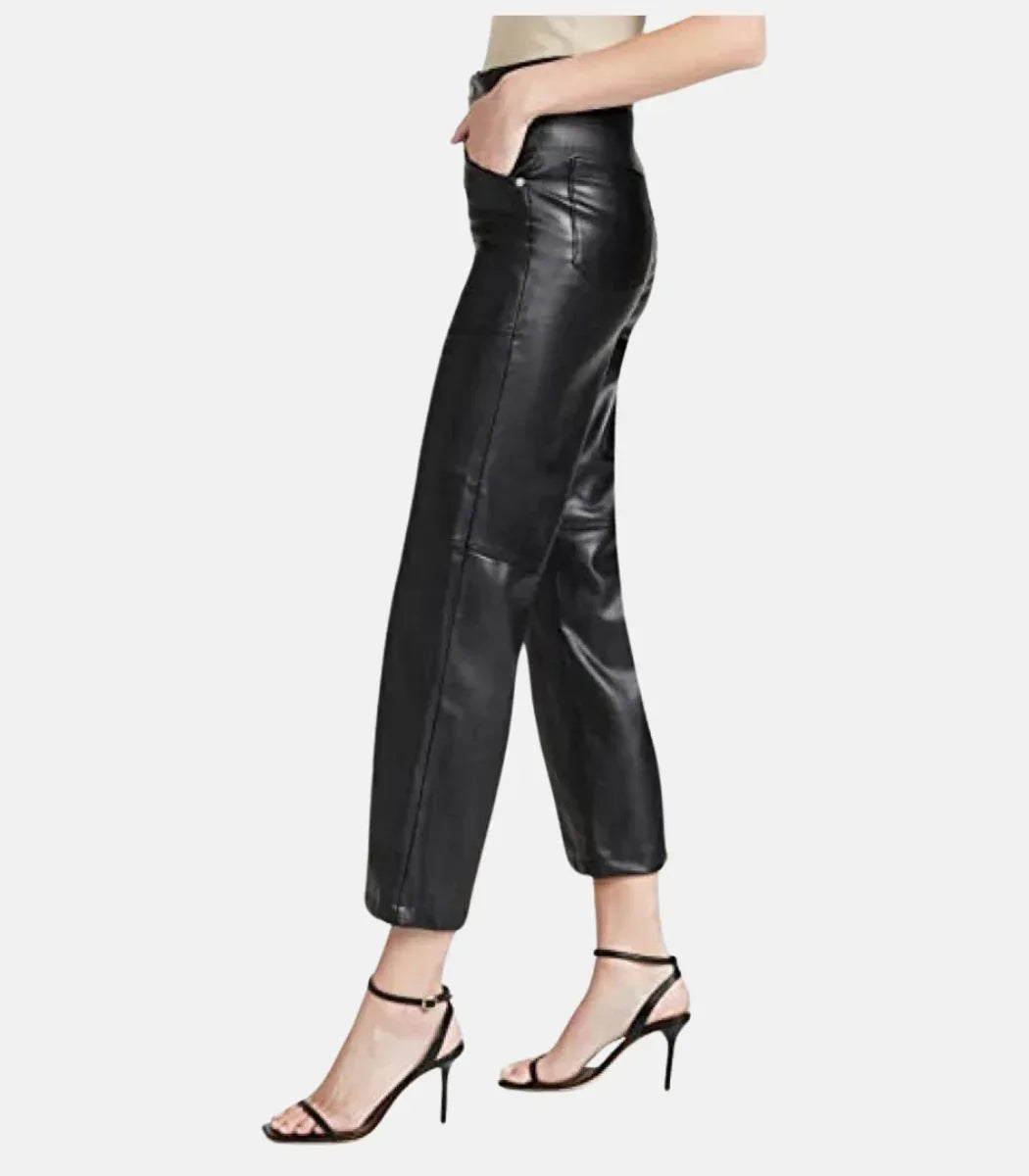 High waist leather trousers women double button black cropped