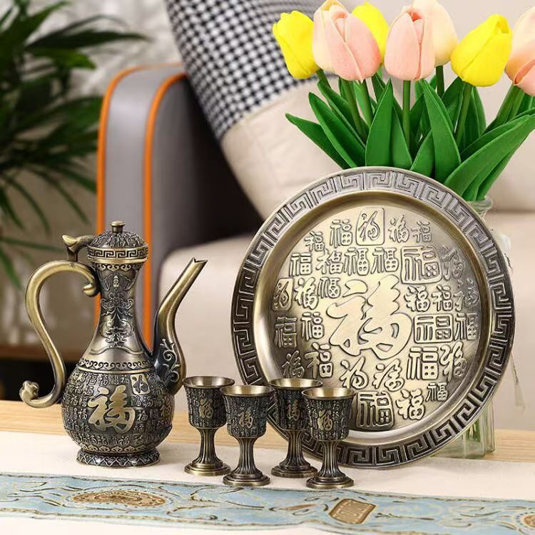 Antique bronze dragon phoenix wine serving set