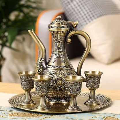 Antique bronze dragon phoenix wine serving set Bronze Dragon and Phoenix Wine Pot Set [1 pot 4 cups 1 tray]