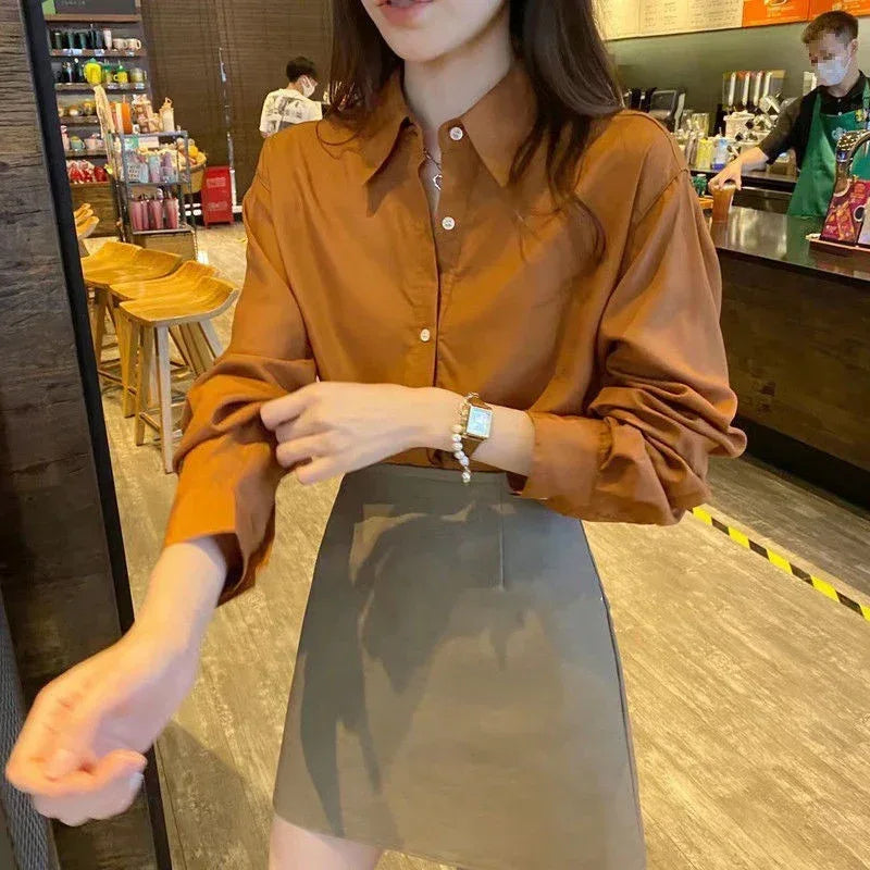 Oversized brown drop shoulder shirt women business casual button blouse