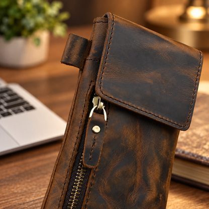 Men’s Leather Waist Bag with Vintage Phone Pouch and Zipper Pocket