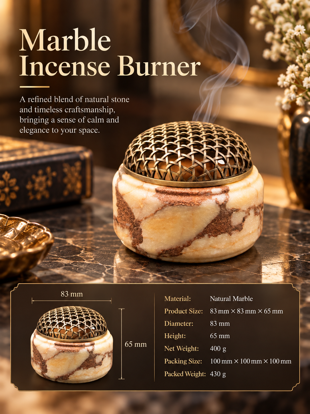 Marble Incense Burner with Decorative Metal Dome for Home Decor