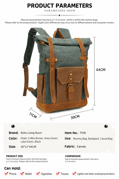 Canvas Backpack with Roll Top, Brown Trim and Organized Storage