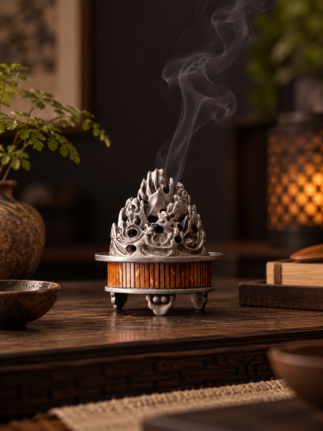 Incense Burner with Bamboo Alloy Detailing and Decorative Openwork Cover