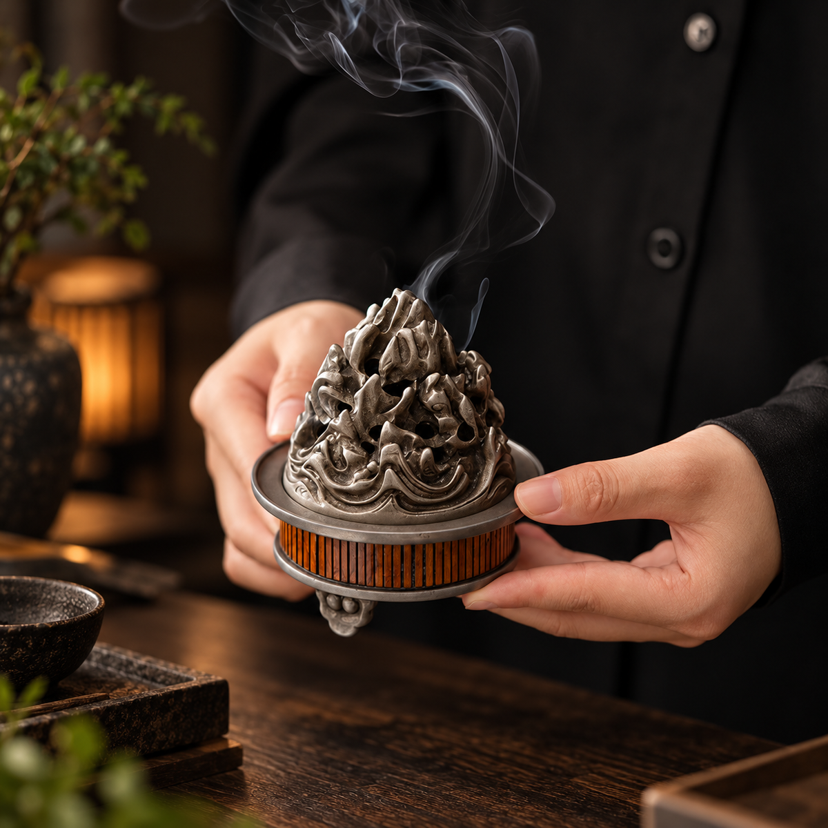 Incense Burner with Bamboo Alloy Detailing and Decorative Openwork Cover 1