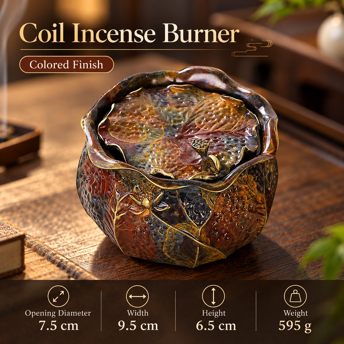 Coil Incense Burner with Brass Body and Removable Floral Lid