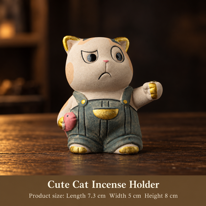 Stick Incense Holder Cute Cat Figurine with Optional Round Tray 1