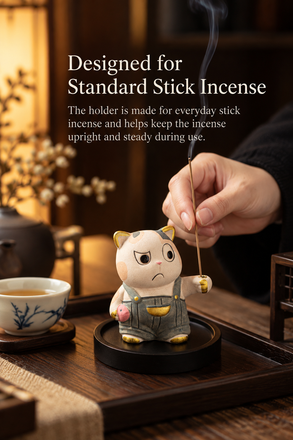 Stick Incense Holder Cute Cat Figurine with Optional Round Tray