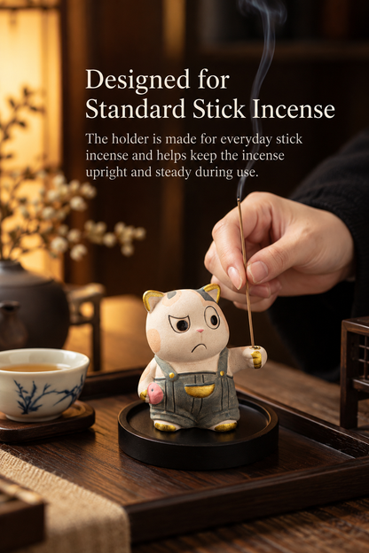 Stick Incense Holder Cute Cat Figurine with Optional Round Tray