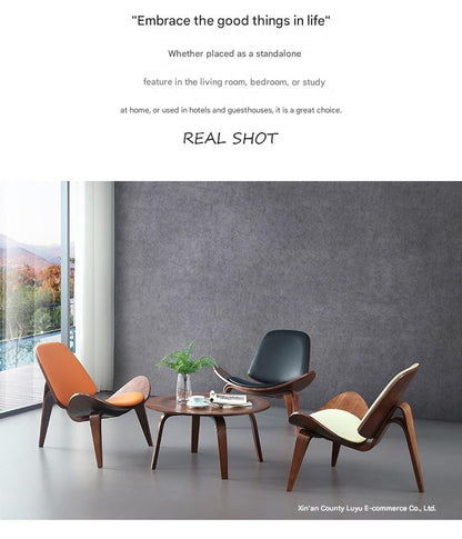 Mid century solid wood leather shell lounge chair