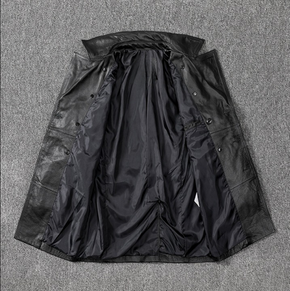 Men mid length leather trench coat jacket