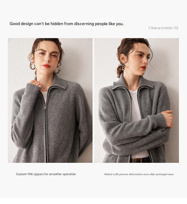 Women’s 100% Pure Cashmere Lapel Zip Cardigan