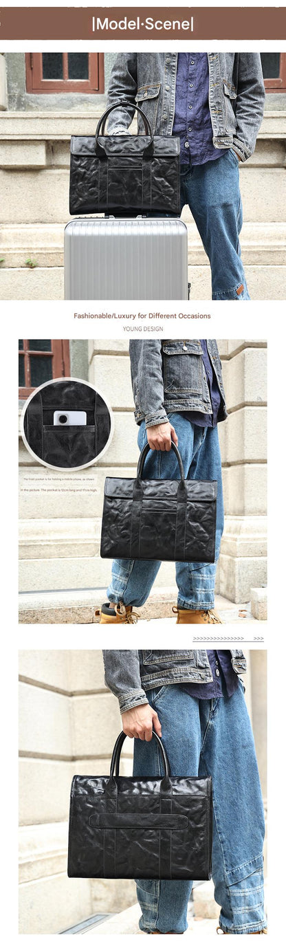 Leather Business Briefcase for Men with Trolley Sleeve