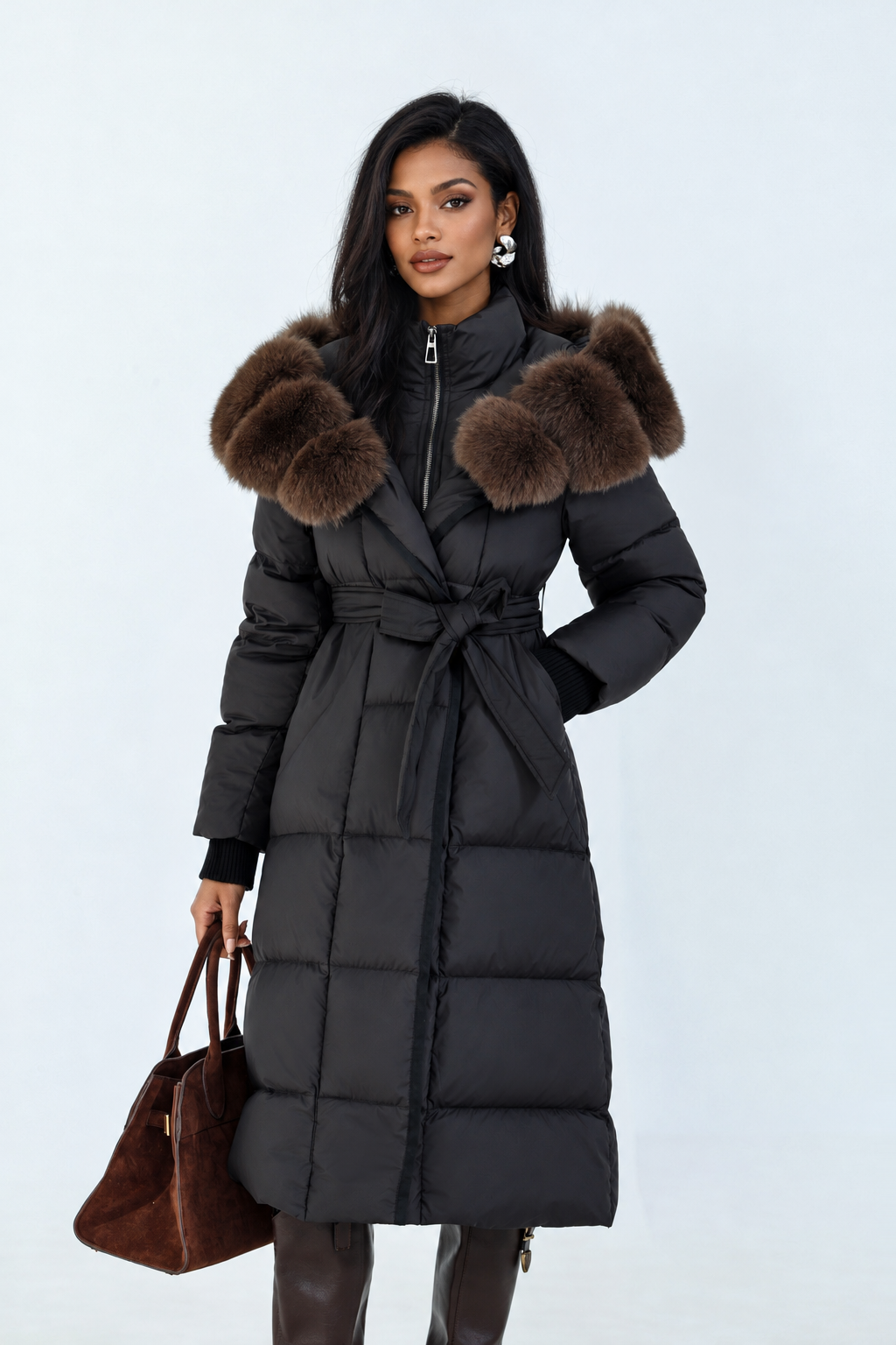 Fur Collar Jacket for Women Long Down Coat with Fox Trim