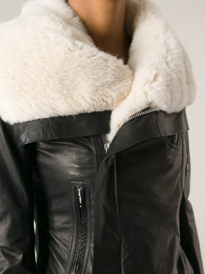 Women’s Leather Bomber Jacket with Fur Collar