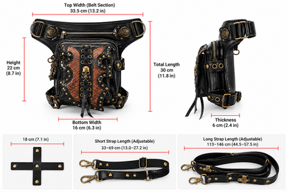 Steampunk Waist Bag with Skull Studs and Adjustable Straps