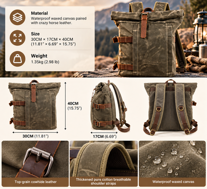 Vintage Canvas Rucksack with Olive Roll Top and Buckle Strap