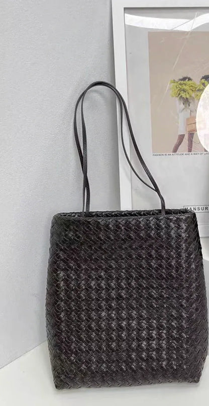 women leather woven tote bag for commuting Ebony