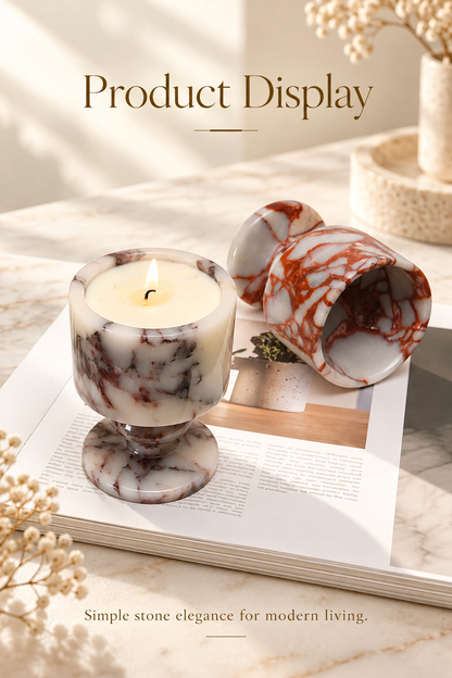 Natural Marble Goblet Candle Holder with Rounded Stem and Red Veining