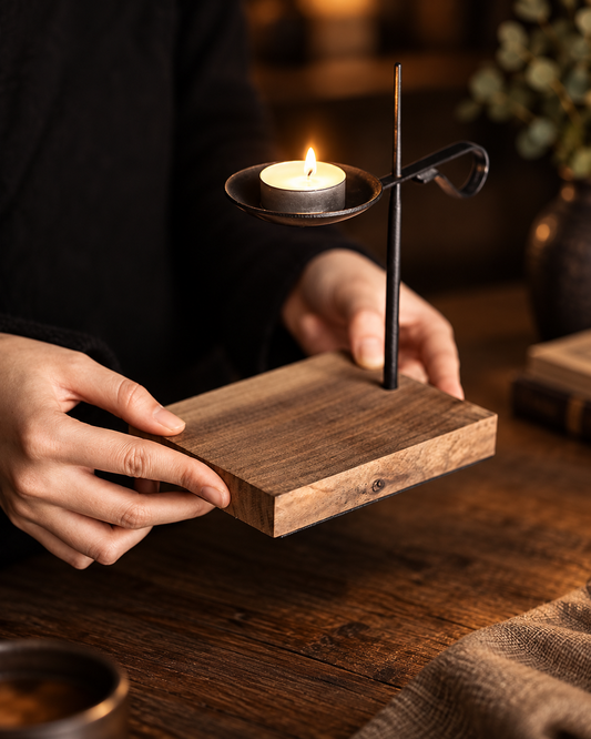Black Wrought Iron Tea Light Candle Holder with Wooden Base