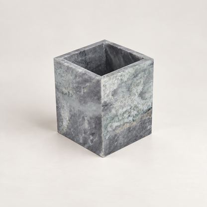 Square Marble Candle Holder with Geometric Cube Design and Stone Veining 3