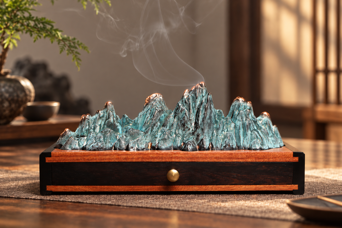 Incense Box with Mountain Landscape and Storage Drawer