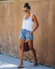 High Rise Light Blue Frayed Denim Shorts with Drawstring