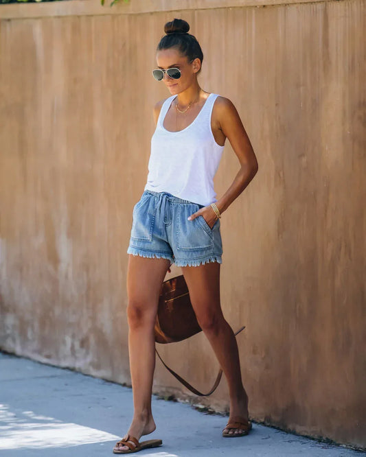 High Rise Light Blue Frayed Denim Shorts with Drawstring