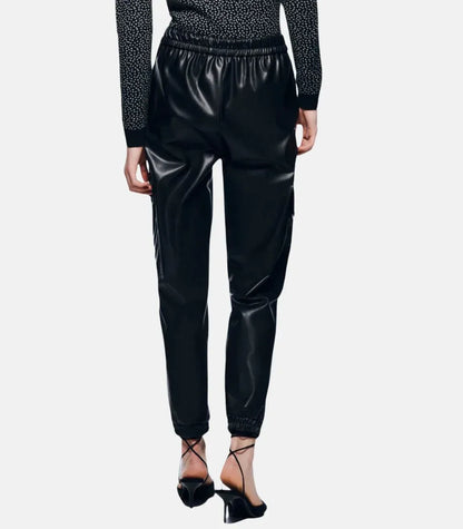 women genuine leather pants slim fit elastic waist black jogger