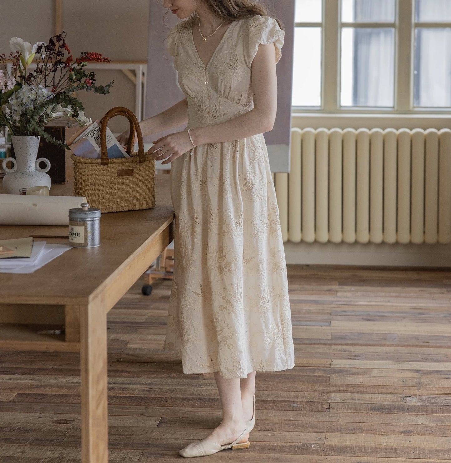 cotton midi dress v neck embroidered summer