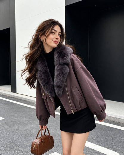 Women’s Brown Fur Collar Bomber Jacket