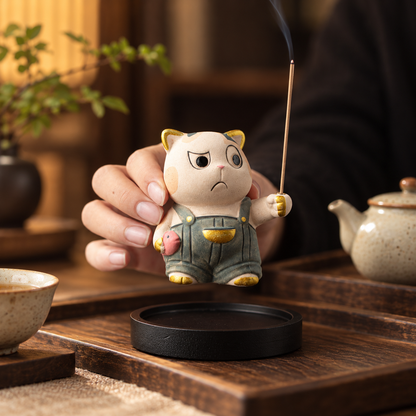 Stick Incense Holder Cute Cat Figurine with Optional Round Tray