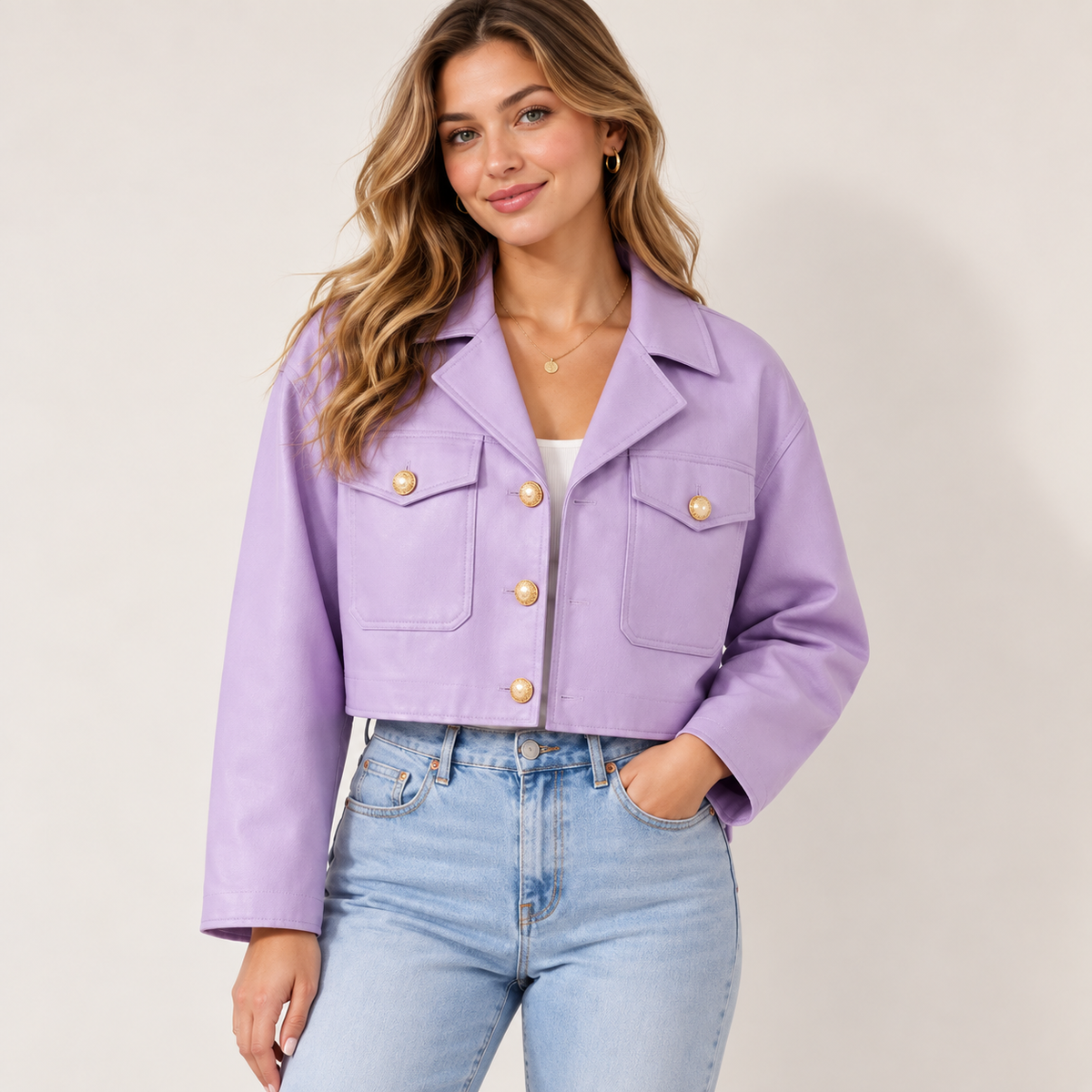 Pink Leather Jacket for Women With Cropped Fit and Patch Pockets