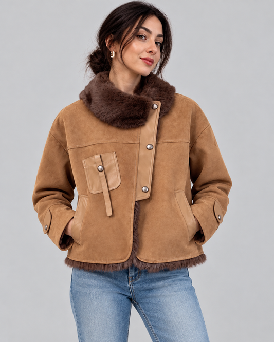 Women’s Faux Leather Jacket with Rabbit Fur Collar Winter Style