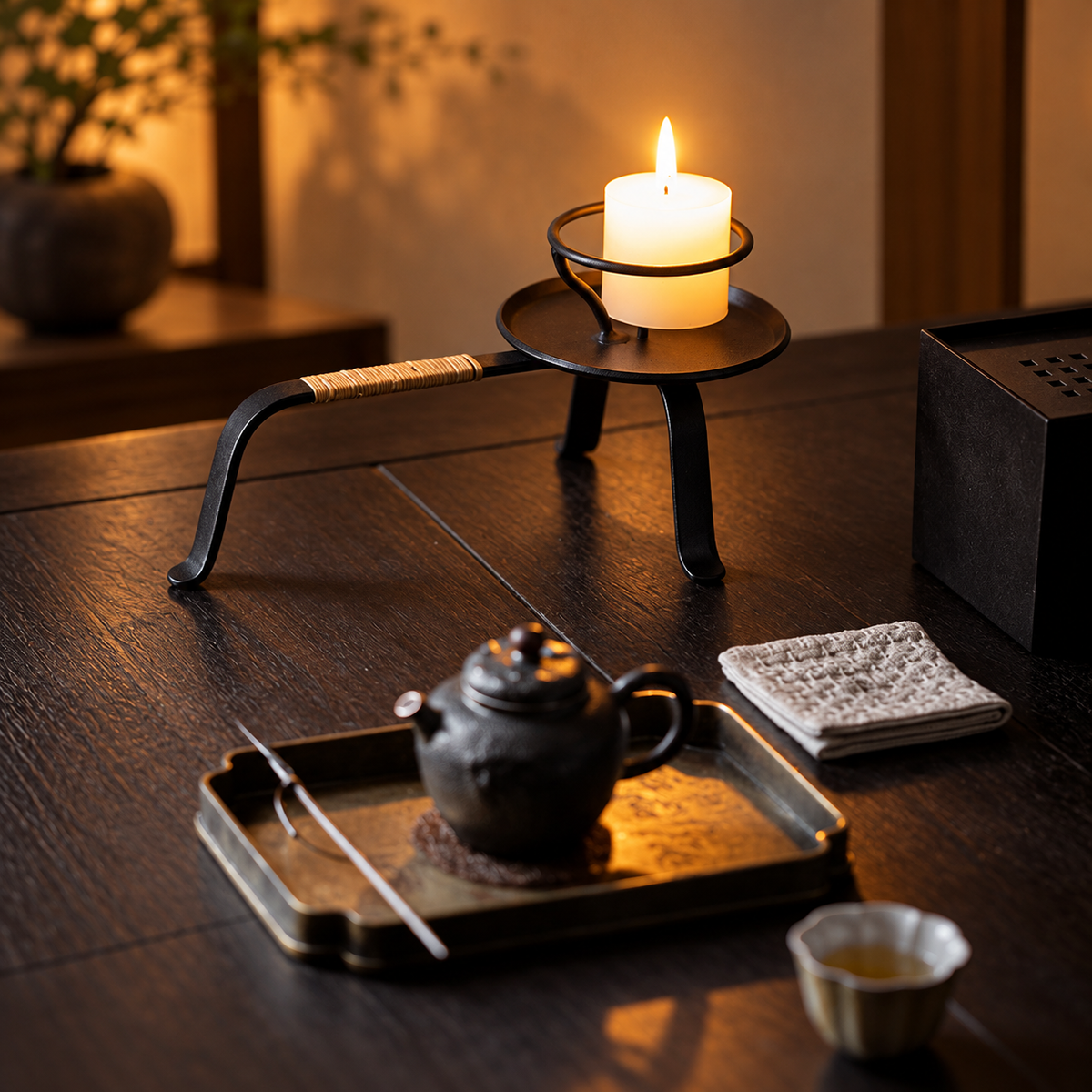 Black Iron Candle Holder for Zen Tea Rooms and Table Decor