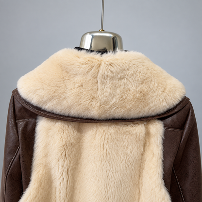 Brown Leather Jacket Women Short Winter Fur Collar Style