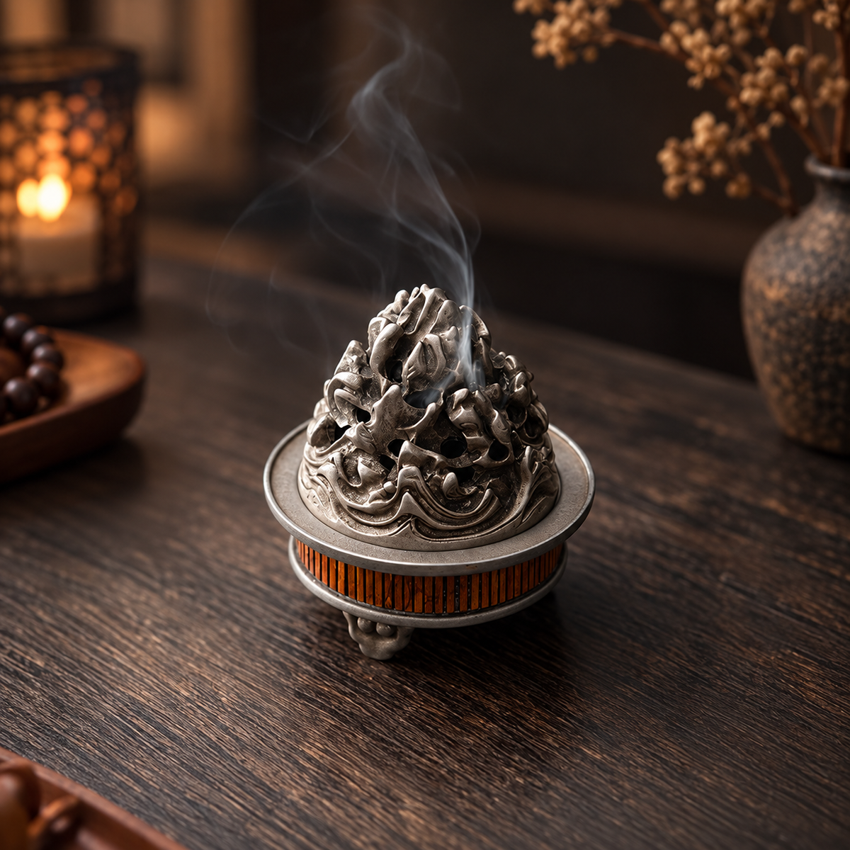 Incense Burner with Bamboo Alloy Detailing and Decorative Openwork Cover