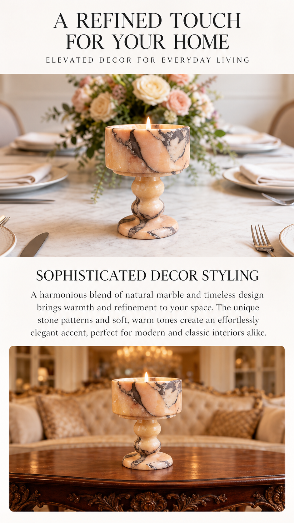 Peach Marble Pedestal Candle Holder with Rounded Stem and Dark Veining