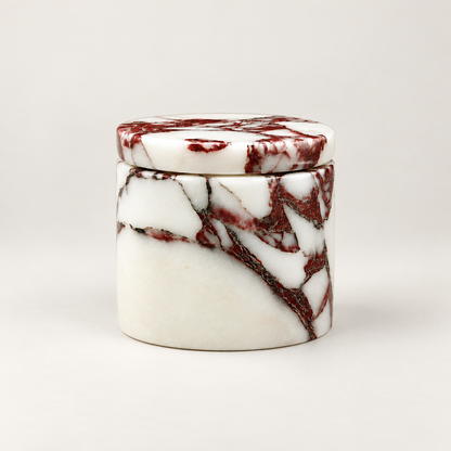White Marble Candle Jar with Matching Lid and Natural Red Veining
